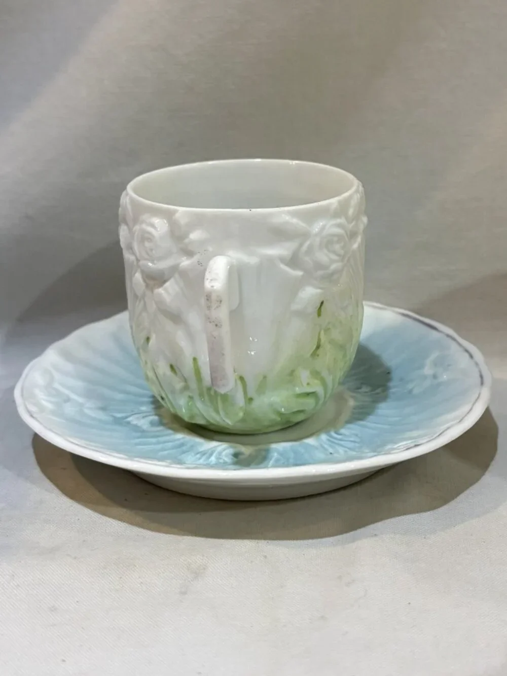 Antique Porcelain Teacup and Saucer Set Embossed Floral Aqua Blue Mint Green